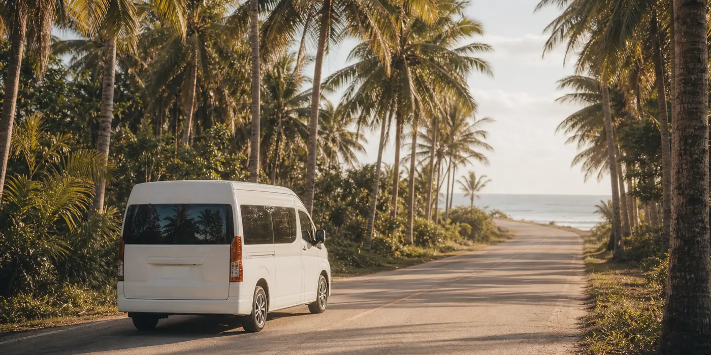 Private van on a coconut-lined Siargao road on the way from the airport