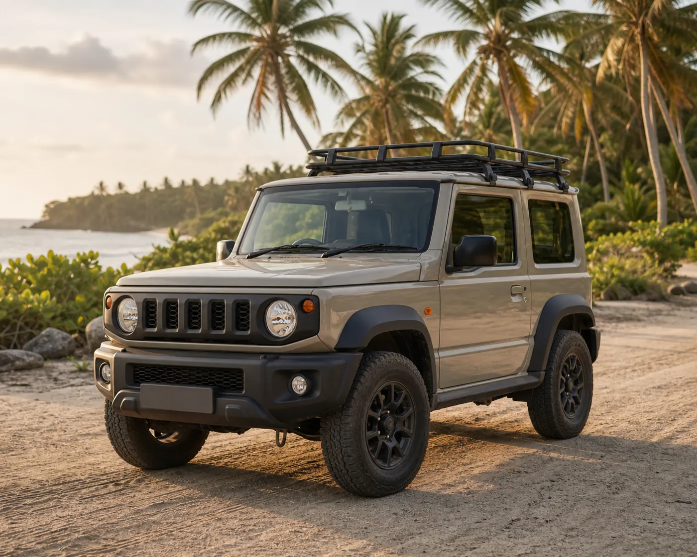 A compact self-drive rental car parked on a sandy Siargao coastal road