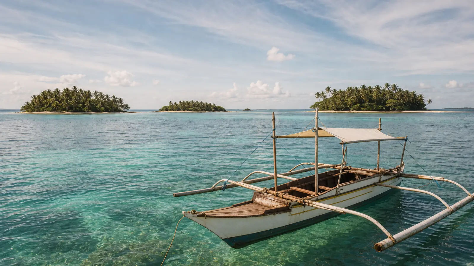 Traditional outrigger boat on clear water during a Siargao island-hopping day