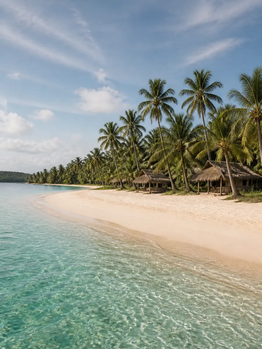 A long sandy island beach with palms, a typical island-hopping lunch stop