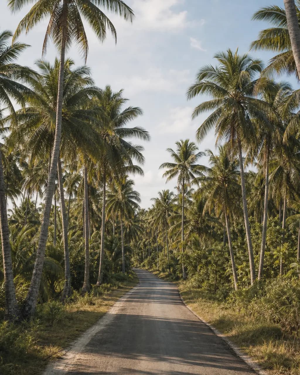 An open coconut-lined island road on a private Siargao land tour