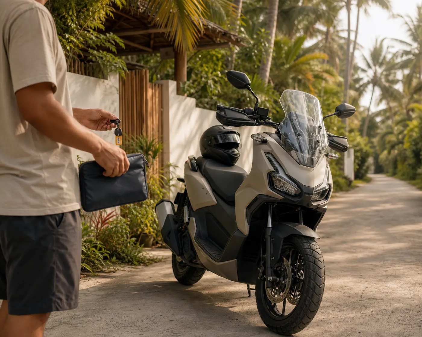 A clean automatic scooter delivered to a quiet Siargao guesthouse with a helmet and papers pouch