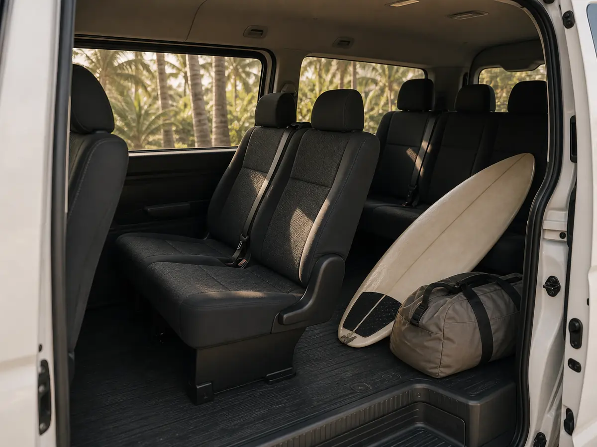 Comfortable, clean interior of a private hire van with room for luggage and boards