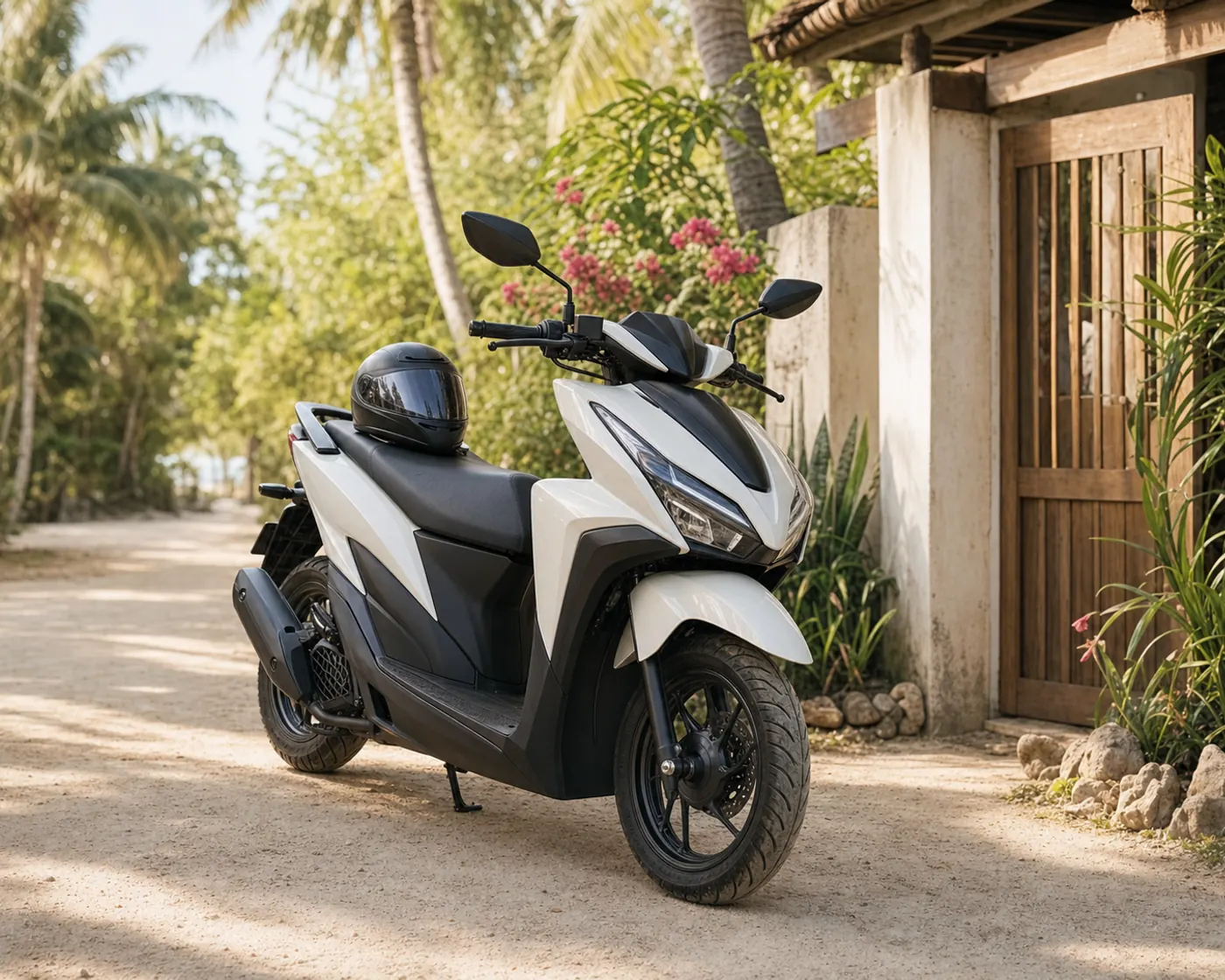 A clean automatic scooter parked outside a tropical Siargao guesthouse